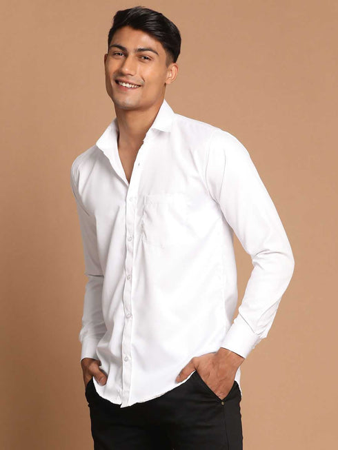 Men's White Cotton Solid Shirt